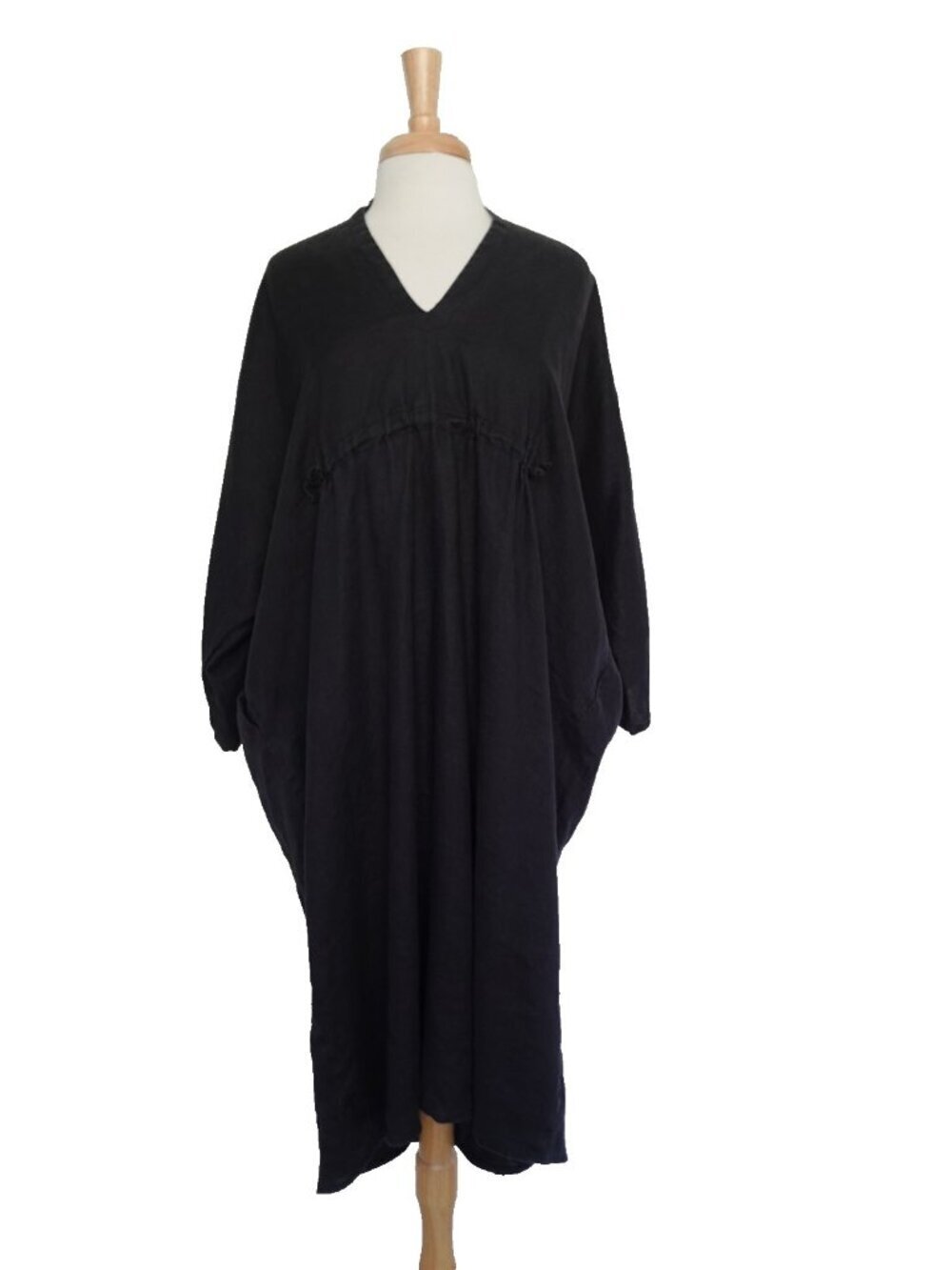 VISIBLE ART 100% Linen Relaxed Slouchy Kimono Dress Classic Black size Large